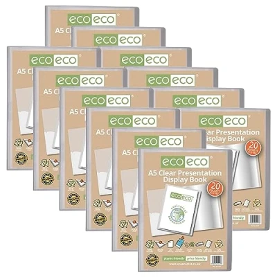 Image of eco A5 Size 50 Percent Recycled 20 Pocket Clear Presentation Display Book, Storage Case Portfolio Art Folder with Plastic Sleeves, Pack of 12, eco127x12
