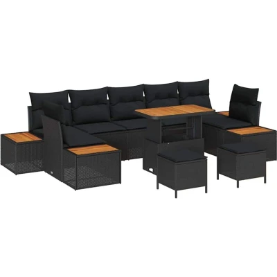 Image of vidaXL 10 Piece Garden Sofa Set with Cushions Black Poly Rattan Acacia