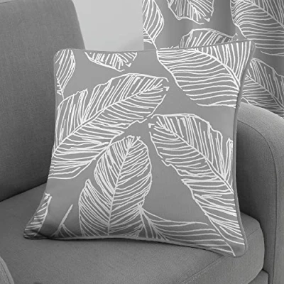 Image of Fusion Grey Leaf Cushion (43 x 43cm) 100% Cotton Filling Included Piped Edge Tropical Leaves Print with Covers Included/Cushion Inserts Matching Curtains Available