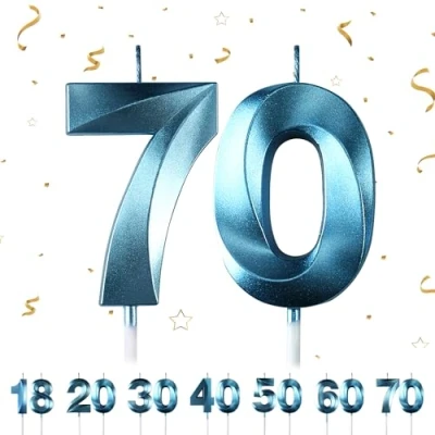 Image of 70th Birthday Number Candles,3D Blue Candle,Number 70 Candle for Party Cake Topper Decorations Woemn Men Anniversary Supplies
