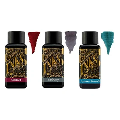 Image of Diamine 30ml Fountain Pen Ink 3 Pack Oxblood &amp; Earl Grey Aurora Borealis