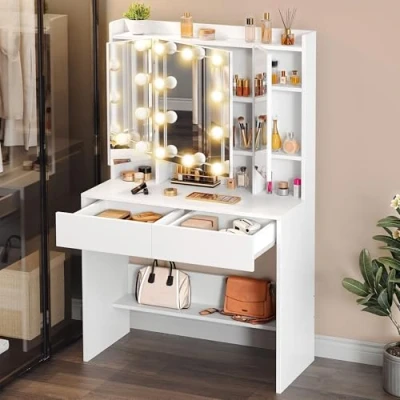 Image of YITAHOME White Dressing Table with Mirror, Vanity Lights Adjustable Brightness, Bedroom Tables Drawers and Open Shelves, Makeup Desk