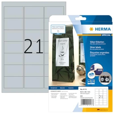 Image of HERMA Self Adhesive Film Labels, 21 Labels per A4 Sheet, 25 Sheets, 63.5 x 38.1 mm, 252 Blank Weatherproof Stickers, Sticky for Laser &amp; Inkjet Printer, Silver