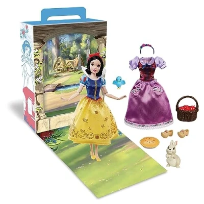 Image of Disney Store Official Snow White Story Doll, and the Seven Dwarfs, 28cm/11, With Apples, 2 Outfits, Accessories, Colouring &amp; Activity Pack Box that Folds to a Play Stage, for Ages 3+