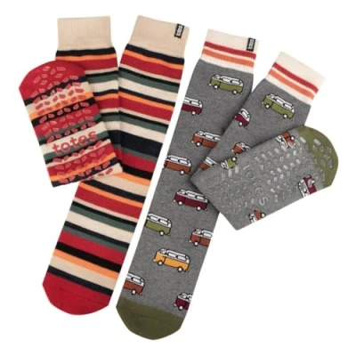 Image of Mens 2 Pair Totes Original Plain and Patterned Slipper Socks Campervan 7 12