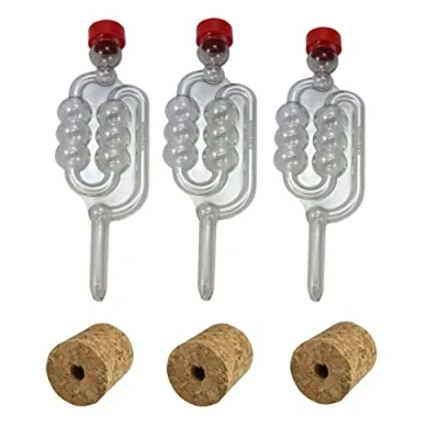 Image of Almost Off Grid 3 x Bubbler Airlocks and Bored Cork Bungs for Glass Demijohns, Homebrewing, Winemaking, Mead Making, Beer Cider Fermenting