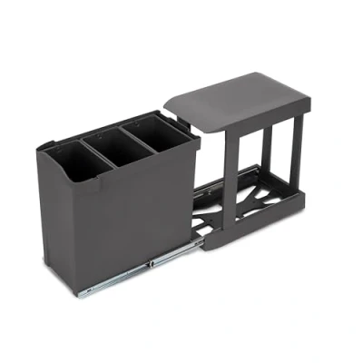 Image of Emuca Recycling bins for kitchen, 3 x 10L, lower fixing and automatic removal, Steel Plastic, Anthracite grey