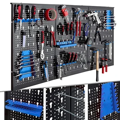 Image of Arebos Tool Wall 3 Piece 17 Hook Set Blue 120 x 60 2 cm Perforated Metal + Brackets Mounting Material