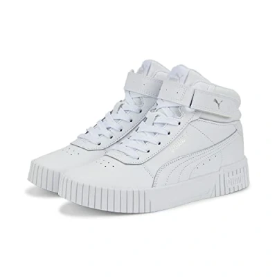 Image of Puma Carina 2.0 MID JR Hightop trainers for kids, Size: 5, White/silver leather and imitation