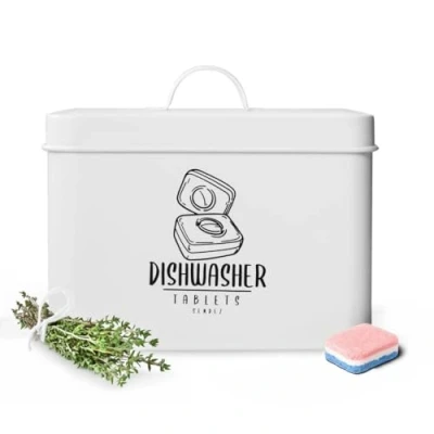Image of Sendez storage tin for dishwasher tabs, metal tin, washing powder can, tabs box, box