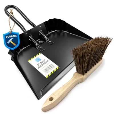 Image of Metal Dustpan and Brush Set Featuring Flat Lip for Better Floor Contact with Stiff Hand Dustpans Serrated Edges Dust Pan (Dustpan Brush)