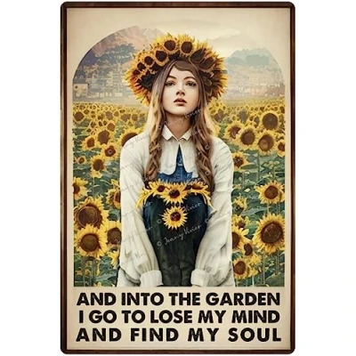 Image of Vintage Metal Tin Sign and into The Garden I Go to Lose My Mind Find Soul Retro Hippie Girl Poster 5.5x8 Inch
