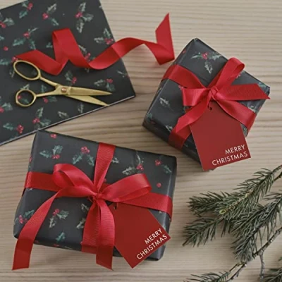 Image of Ginger Ray Holly Christmas Wrapping Paper With Gift Tags &amp; Ribbon Set, Green