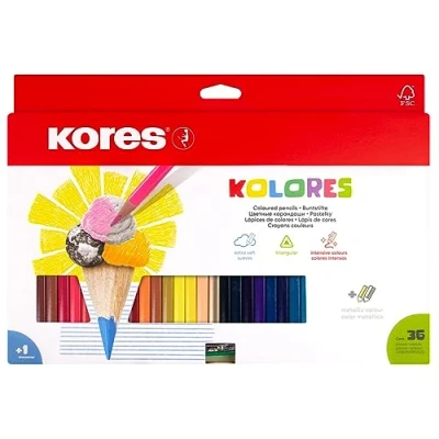 Image of Kores Kolores, 36 Triangular Shape Colouring Pencils Coloured with Soft Lead, Shape, FSC Wood Stationery Supplies, Colour Set of in Carton Case Sharpener