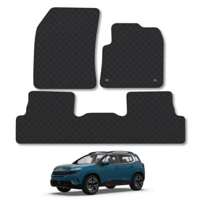Image of Rubber Car Mats Compatible with Citroen C5 Aircross (2019 ) Tailored Fit Floor Set Accessory Black Custom 4 Pieces Clips Anti Slip Backing, Heavy Duty &amp; Waterproof