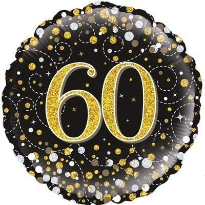 Image of 18&quot; Foil Balloon 60th Sparkling Fizz Black &amp; Gold Holographic