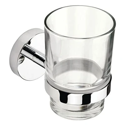 Image of Croydex Bathrooms Nabis Elixir Wall Mounted Chrome &amp; Glass Tumbler and Toothbrush Holder for Bathroom, Bedroom Shower