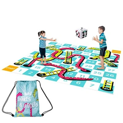 Image of THE TWIDDLERS Giant Snakes and Ladders Outdoor Garden Game, Large Kids Floor Lawn Mat for All Ages, With Inflatable Dice &amp; Storage Bag Outside Play, Parties, Family Fun, Schools 3 x Metres
