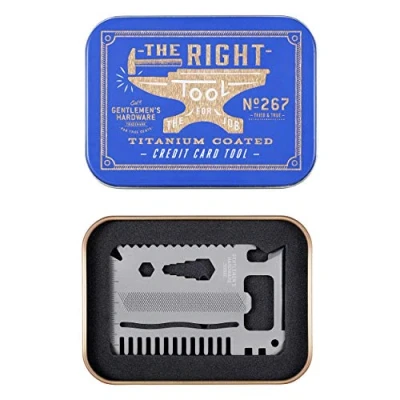 Image of Gentlemen&#039;s Hardware Titanium Credit Card Tool: with 15 Useful Tools, Silver, Product Size: 53 x 83 2mm, Packaged in an Illustrated tin.