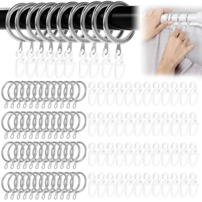 Image of 50Pcs Curtain Rings and Hooks, 30mm Inner Diameter Metal Hoops, Pole Hanging with Plastic Drape Sliding Eyelet for Drapery Rods Shower Hanging(Silver)