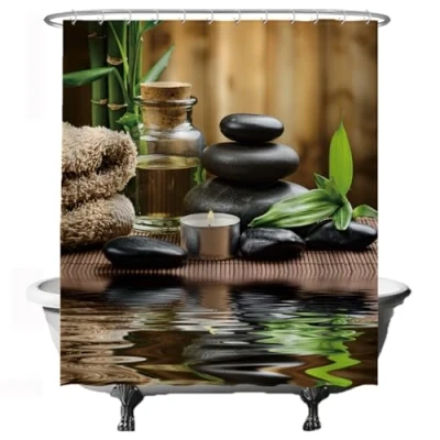 Image of Ulticool Zen Spa Peace Meditation Shower Curtain 180 x 200 cm Bathroom Washable Semi Transparent Anti Mould with 12 White Rings Brown Black Grey