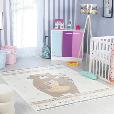 Image of Livabliss Bear Washable Kids Rug Childrens for Bedroom 160x213 cm, Machine Animal Girls &amp; Boys Rug, Playroom and Nursery Rugs Girl or Boy Baby Carpet, Beige