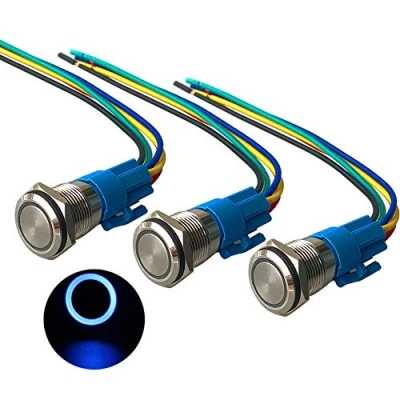 Image of QitinDasen 3Pcs Premium 12V/24V 5A Momentary Push Button Switch, 16mm Car Ignition Starter Blue LED Light Stainless Steel IP67 Waterproof Switch with Socket Plug Wire