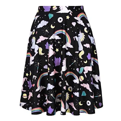 Image of HDE Women&#039;s Cute Printed Skater Skirt Midi Length Fun Animal Pattern Pleated (Unicorns and Rainbows, Medium)