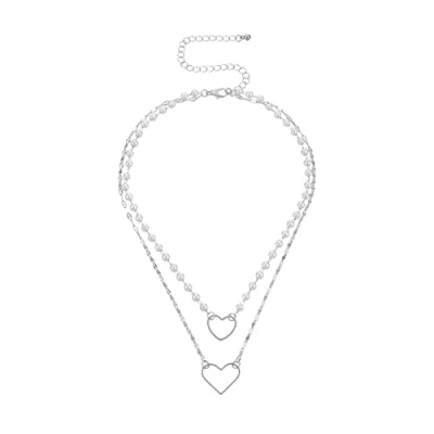 Image of Pearl Layered Choker Necklace Hollow Love Heart Pendant Geometric Chain Jewelry for Women Girls Teens (Silver)