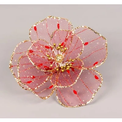 Image of 16cm Deluxe Christmas Glitter Poinsettia Red Gold Net Artificial Flower with Metal Clip Tree Decorations Wedding New Year Ornaments