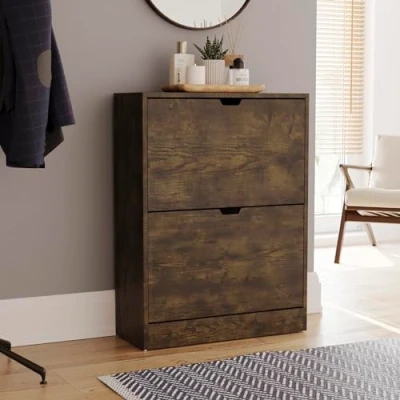 Image of Vida Designs 2 Drawer Shoe Cabinet, Space Saving Slim Storage Cupboard with Flip Drawers, Hallway and Living Room Furniture FSC 100 certified (Dark Wood)