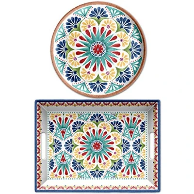Image of Auntie Morags Purely Home Rio Medallion Outdoor/Picnic/BBQ Plastic/Melamine 2 Piece Serving Platters &amp; Tray Set