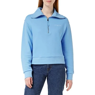 Image of Tommy Hilfiger Women 1985 Sweatshirt with Half Zip, Blue (Hydrangea Blue), S