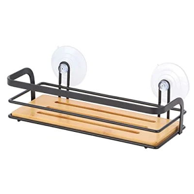 Image of MSV Shower Shelf Basket Bathroom No Drilling with Suction Cups Steel Bamboo 12 x 9 25.5 cm Matt Black