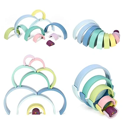Image of SOKA Wooden Pastel Rainbow Stacker Learning Toy Educational Creative Montessori Fun Building Blocks Puzzle Stacking 10PCS Kids Children Boy Girl Ages 3 year old +