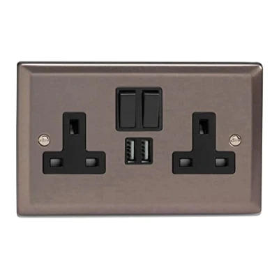 Image of Varilight 2 Gang 13A Single Pole Switched Socket + 2x5V DC 2100mA USB Charging Ports Pewter