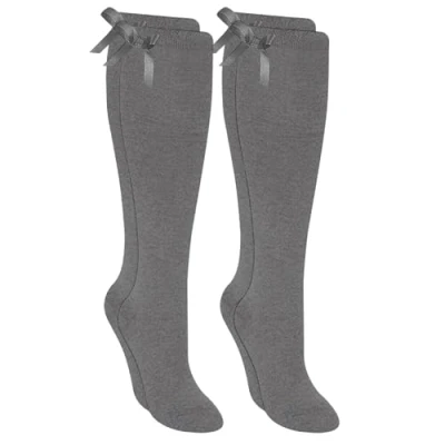 Image of Aliwal Fashion 2 Pairs Girls Knee High Bow Socks Frilly Cotton Rich Fluffy Ribbons Bows Back to School Long for Kids Sock (Grey, 12 3)