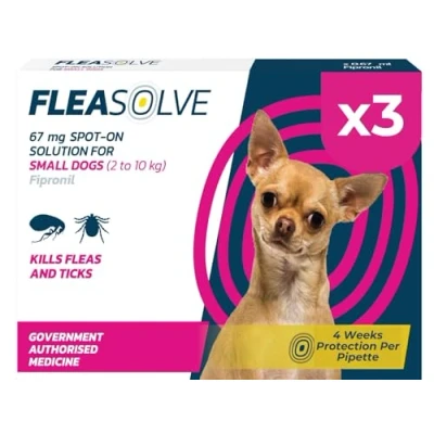 Image of FleaSolve x 3 Flea &amp; Tick Treatment for Dogs Spot On and Small Puppies 2 10 kg Pipettes