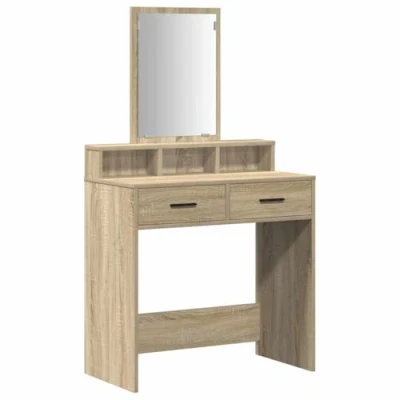 Image of vidaXL Sonoma Oak Vanity Table 2 Drawers, Shelves &amp; Mirror for Bedroom/Dressing Area Durable Wood Particle Board with Veneer Easy Assembly