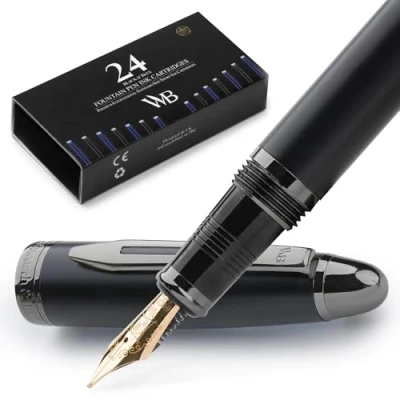 Image of Wordsworth &amp; Black Majesti Fountain Pen (Black), Luxury Case, 24K Gold Finish; 18K Gilded Medium Nib Ink Cartridges, Refillable Converter Calligraphy Best Business Gift Set for Men Women