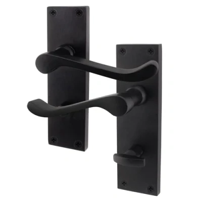 Image of EAI Black Victorian Scroll Bathroom Door Handles 1 Pair of Matt Internal Lever on Backplate