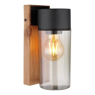 Image of Etsi Outdoor Wall Lantern Wood Look Dark IP44 Smoke Glass Shade 1x E27