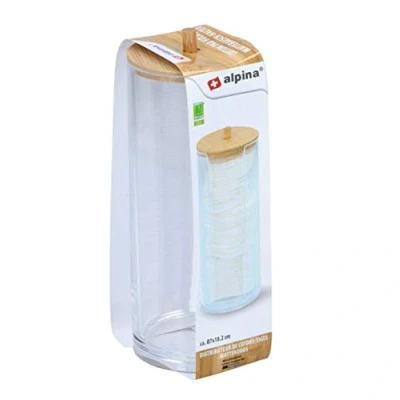 Image of alpina Makeup Organiser Cosmetic Cotton Pads Swab Holder Box Clear Acrylic With Bamboo Lid Beauty Ball Bathroom Storage Jar Dispenser, Transparent (Cotton Pad Dispenser)