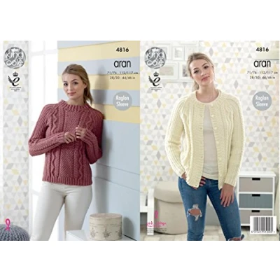 Image of King Cole 4816 Knitting Pattern Womens Raglan Sweater and Cardigan in Fashion Aran
