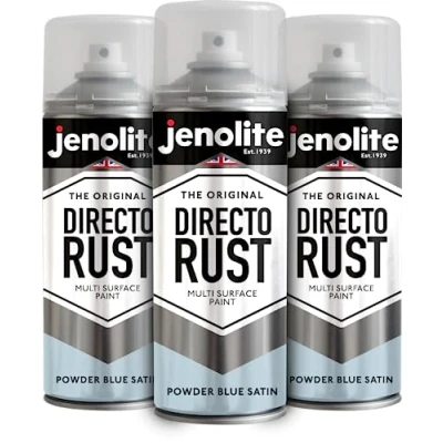 Image of JENOLITE Directorust Spray Paint Satin Finish POWDER BLUE 3 x 400ml Direct To Rust for Metal All In One Multi Surface Metal, Wood, Plastic, Ceramic RAL 240 80 10
