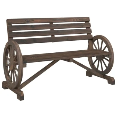 Image of vidaXL Garden Bench 2 Seater Rustic Solid Fir Wood with Wagon Wheel Armrests Durable Outdoor Seating for Patio/Terrace Brown, 121.5x57x77.5cm