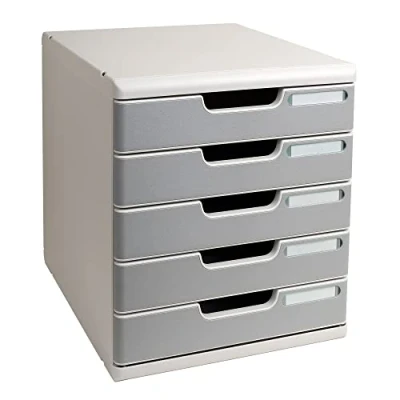 Image of Exacompta Ref 301041D Modulo A4 Office 350 x 288 320mm in Size, 5 Closed Drawers (54mm Height), Smooth Opening with Stop, Label Holders Light Grey/Stone Grey