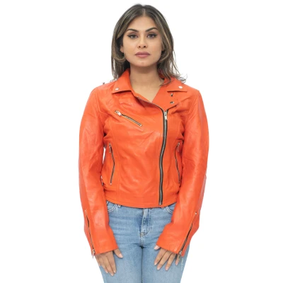 Image of Ladies Leather Jacket Classic Biker Style Orange Real Womens S