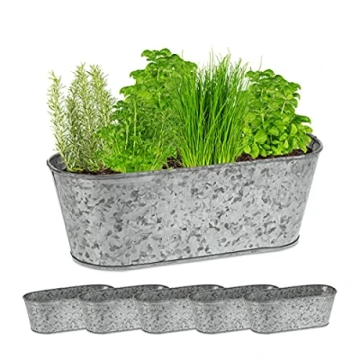 Image of Relaxdays 6x Zink Tubs, Decorafive Oval Planters, Flowers, Herbs, Garden &amp; Balcony, HxWxD: 11 x 30.5 13.5 cm, Silver, Iron, 30,5 13,5 cm