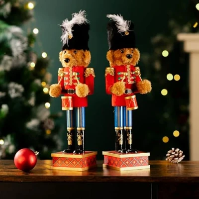 Image of Marco Paul Pair Of 38cm Teddy Bear Nutcracker Soldier Statue Hand painted Christmas Decor 2x Ornaments For Decorations Indoor Xmas Large Wooden Toy